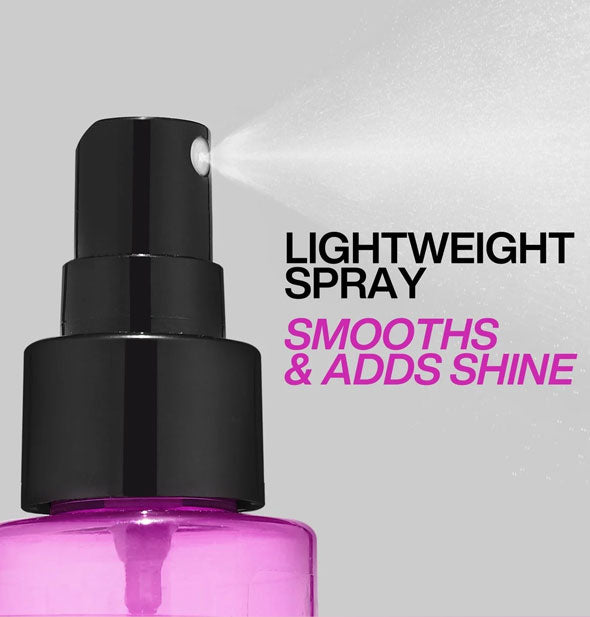 Closeup of mist dispensing from Redken Quick Blowout Bottle is labeled, "Lightweight spray smooths & adds shine"