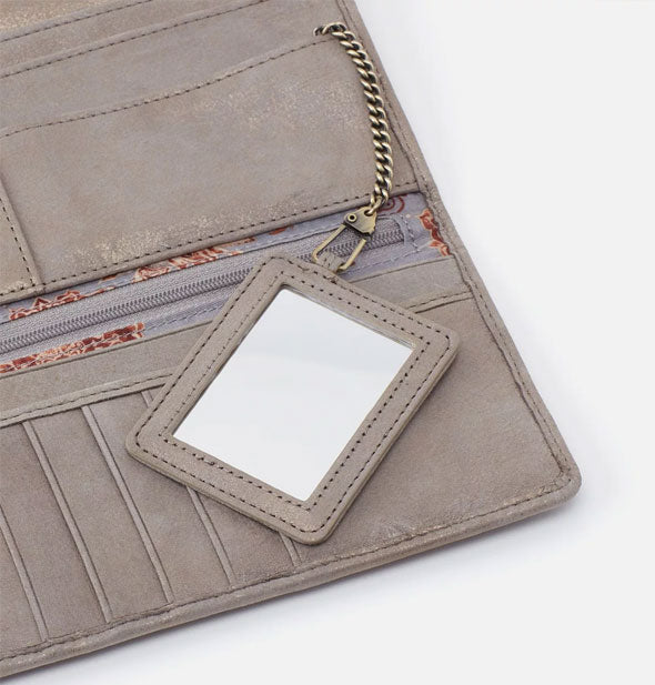 Wallet interior detail with mirror attached to brass chain