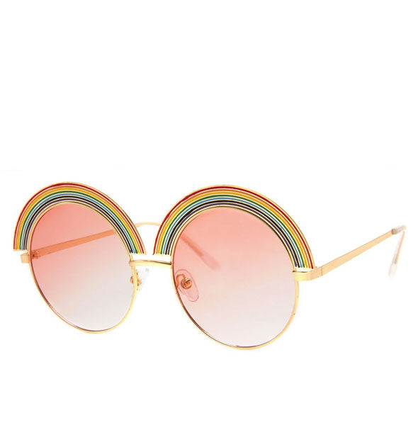 Round gold metal frame sunglasses with rainbow detail and pink ombre lenses