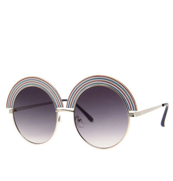 Round silver metal frame sunglasses with muted rainbow detail and gray ombre lenses