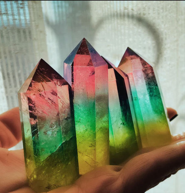 Model's hand holds four rainbow quartz points in front of a light source to show their coloration and transparency