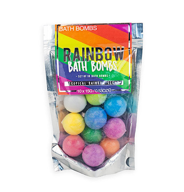 Bag of Rainbow Bath Bombs with clear window through which colorful contents are visible