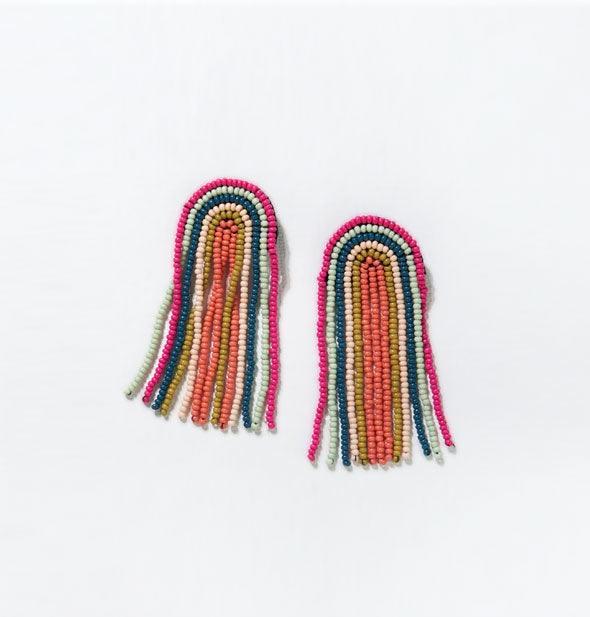 Pair of rainbow-shaped beaded earrings with colorful beaded fringe in pink, green, orange, and other shades