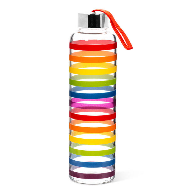 Clear glass water bottle with rainbow-colored stripes and stainless steel lid with red carrying strap