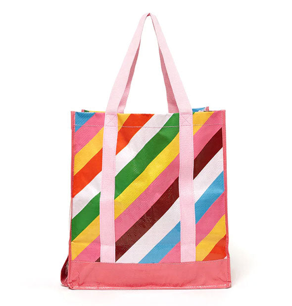 Colorfully striped tote bag with pink gusset and light pink handles