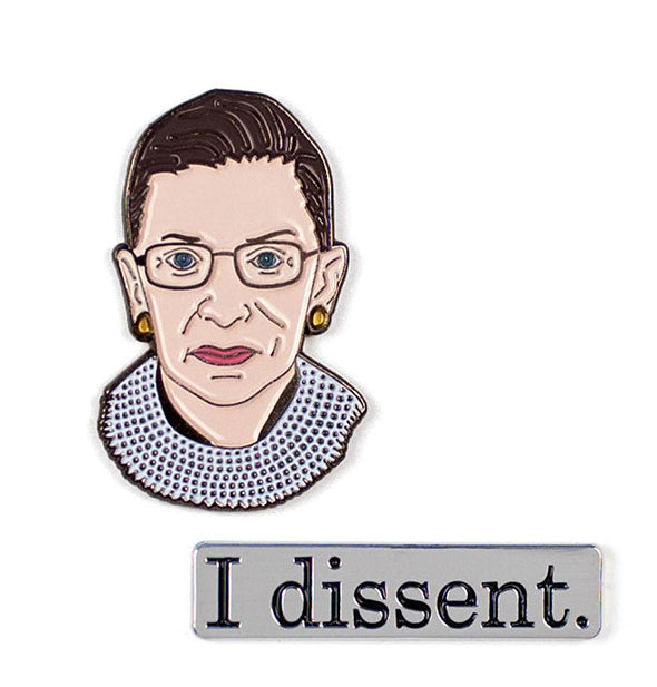 Ruth Bader Ginsburg likeness and "I dissent" enamel pins