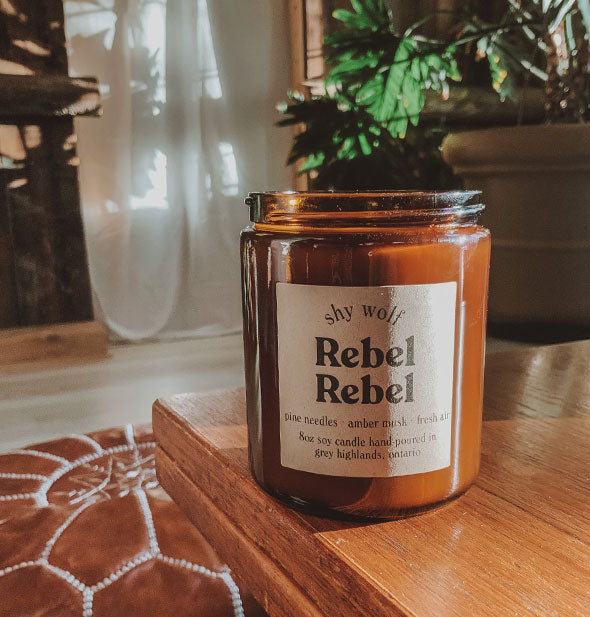 Amber glass jar Shy Wolf Rebel Rebel candle sits on a wooden tabletop in a homey environment