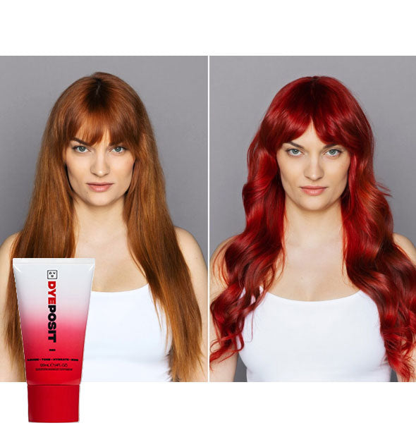 Model's hair before and after using Good Dye Young DYEposit in Red