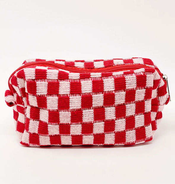 Red and light pink checker print knit makeup bag