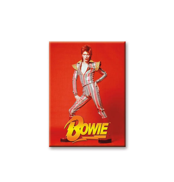 Red rectangular magnet featuring an image of David Bowie as his character Ziggy Stardust says, "Bowie" at the bottom in lightning bolt-style font