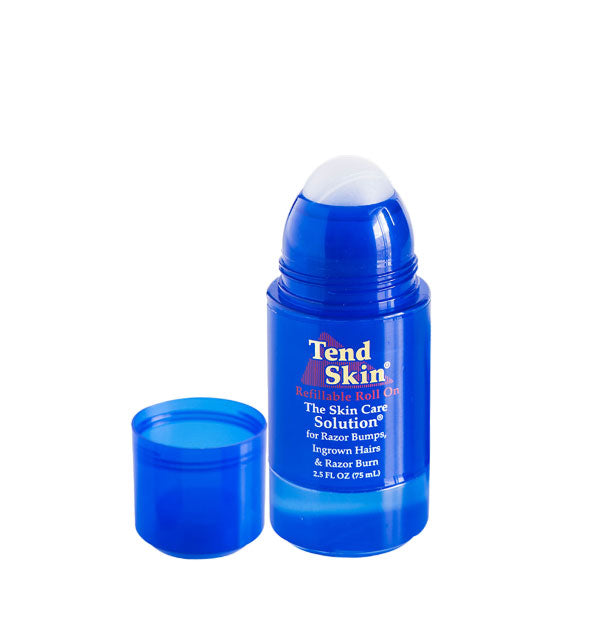Blue roll-on tube of Tend Skin for Razor Bumps, Ingrown Hairs & Razor Burn with cap removed
