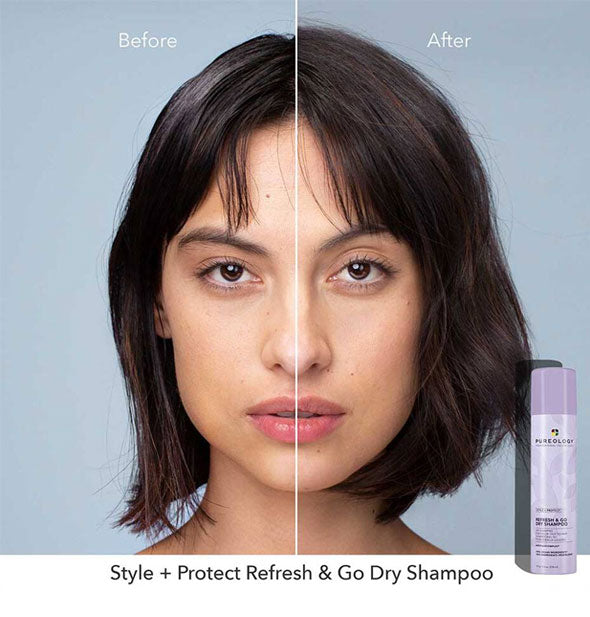 Before and after results of using Pureology Style + Protect Refresh & Go Dry Shampoo