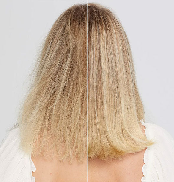 Side-by-side comparison of model's hair after using Paul Mitchell's Clean Beauty Repair products
