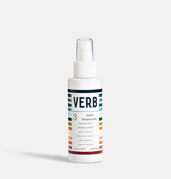3.4 ounce bottle of Verb Reset Sealing Mist with colorful stripe design