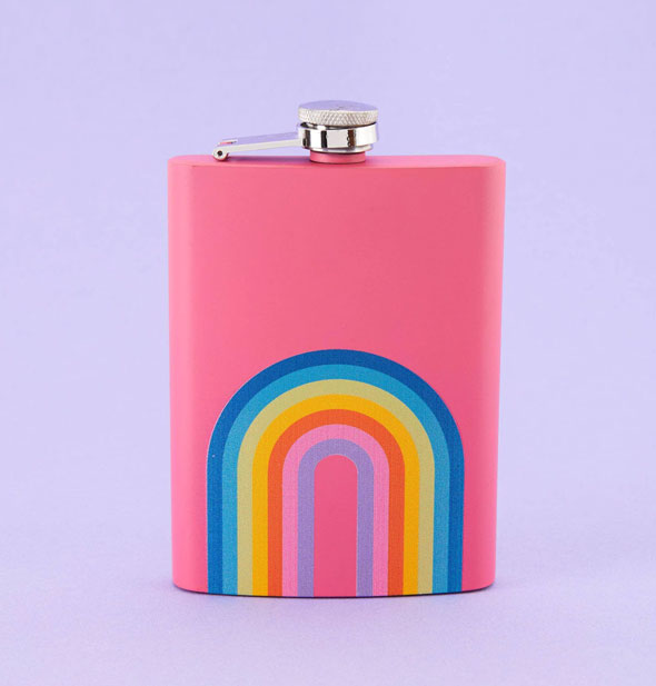 Rectangular pink flask with steel cap features a colorful rainbow design at the bottom