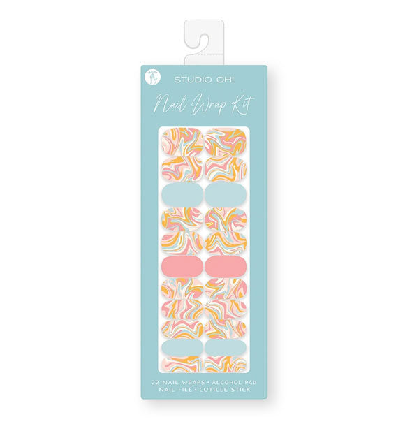 Nail Wrap Kit by Studio Oh! features rainbow swirl designs with some light blue and pink solids