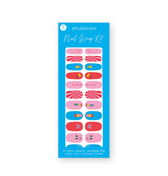 Nail Wrap Kit by Studio Oh! features retro-themed designs in bright blues, reds, and pinks