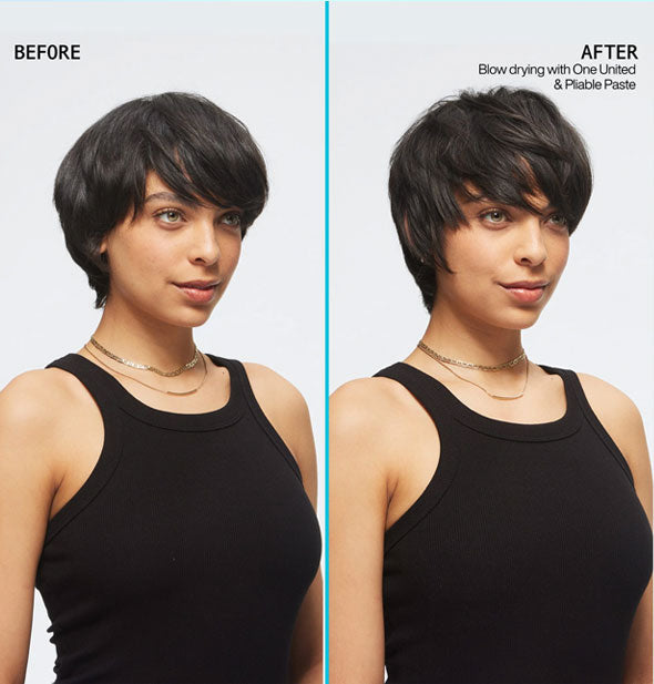 Side-by-side comparison of model's short hair before and after blow drying with Redken One United and Pliable Paste