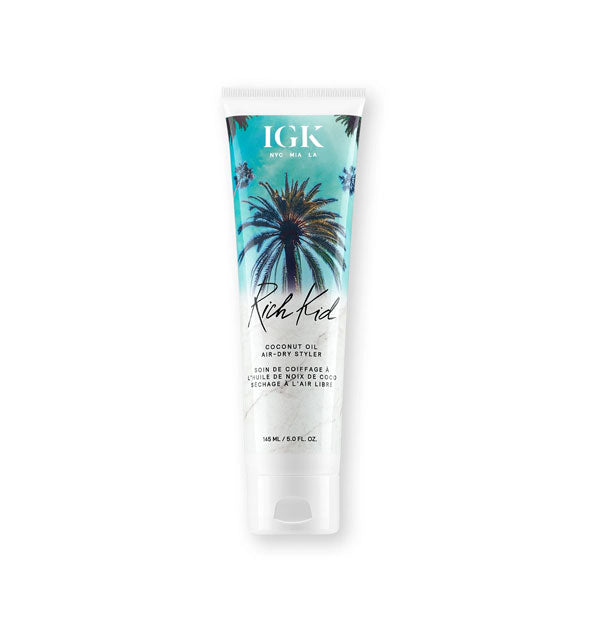 5 ounce bottle of IGK Rich Kid Coconut Oil Air-Dry Styler with palm tree design