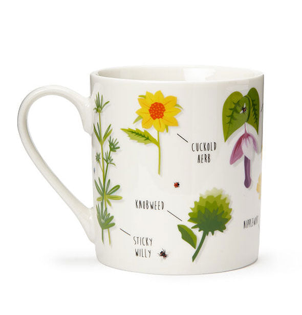 White mug with labeled plant illustrations, like "Cuckold Herb," "Knobweed," and "Sticky Willy"