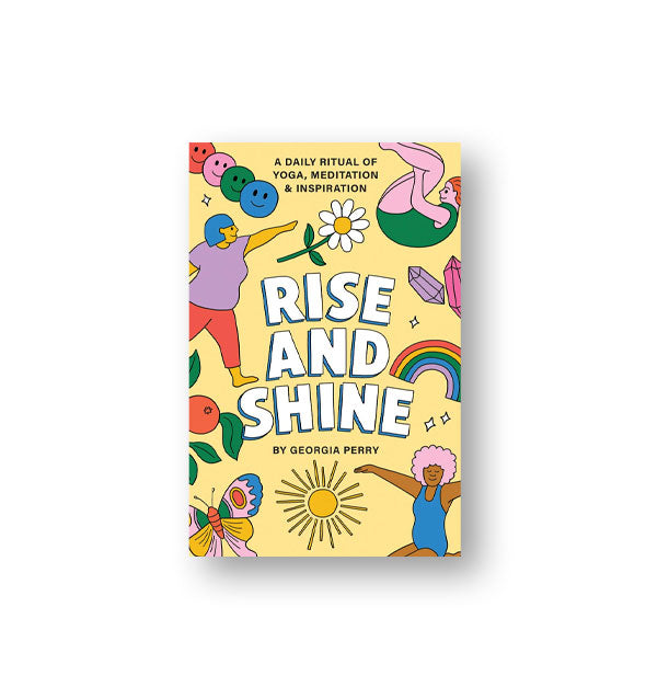 Rise and Shine: A Daily Ritual of Yoga, Meditation & Inspiration by Georgia Perry card deck box with colorful illustrations on a pale yellow background