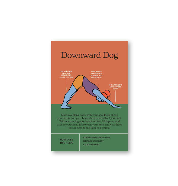 Sample card from the Rise and Shine deck features yoga position Downward Dog with colorful illustration and helpful tips