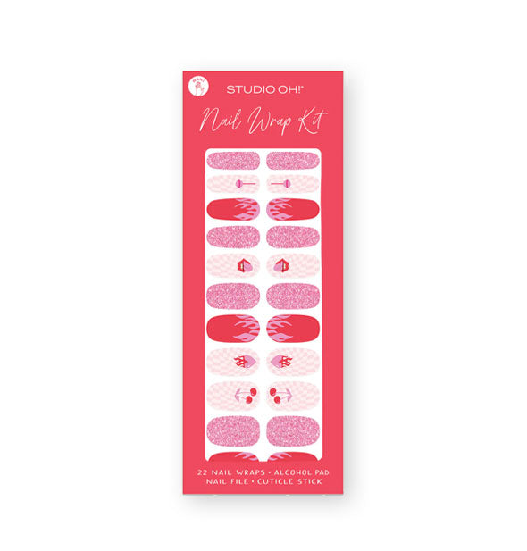 Nail Wrap Kit by Studio Oh! features cherry and flame-themed designs in reds, pinks, and white