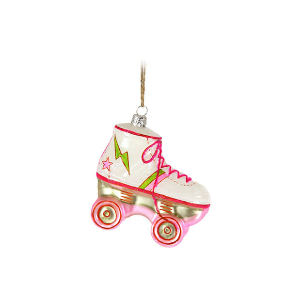 Pink, green, and white roller skate ornament with string