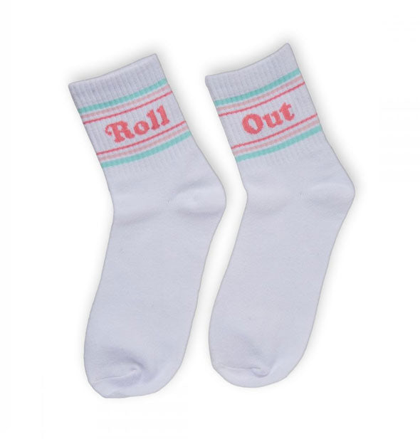 Pair of white socks say "Roll" and "Out" bordered by colorful bands on each ankle
