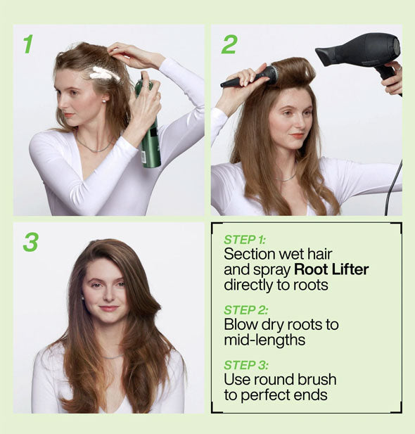 Three-step styling instructions for Redken Root Lifter Volumizing Spray Foam