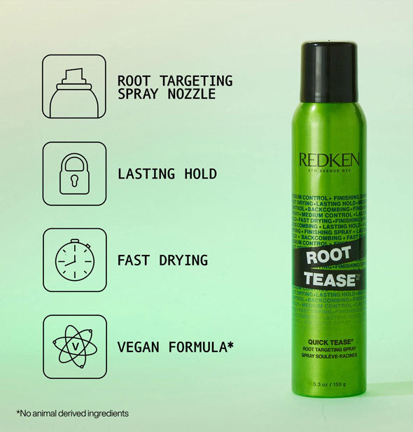 A can of Redken Root Tease is labeled with its key benefits represented by infographics: Root targeting spray nozzle, lasting hold, fast drying, vegan formula
