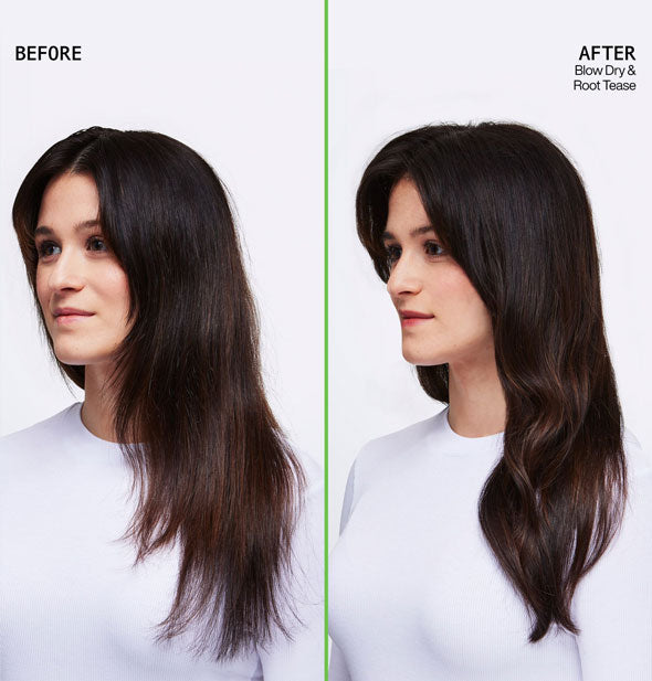 Side-by-side comparison of model's hair before and after blowing dry and styling with Redken Root Tease spray