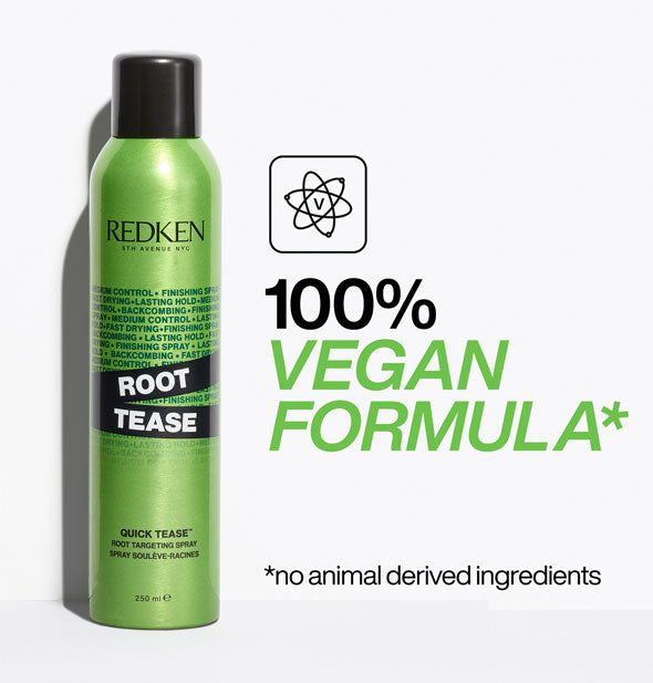 A can of Redken Root Tease is captioned, "100% vegan formula (no animal derived ingredients)"