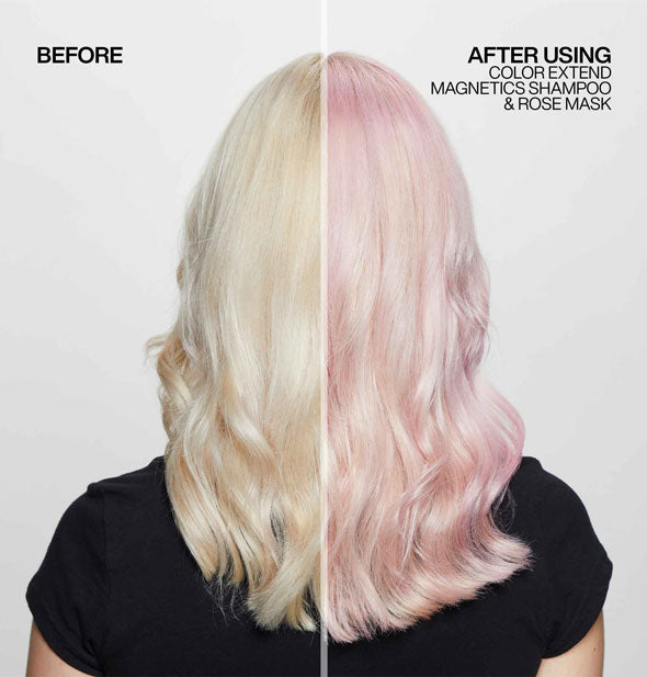 Light blonde hair before and after using Redken Color Extend Blondage Shampoo & Rose Mask