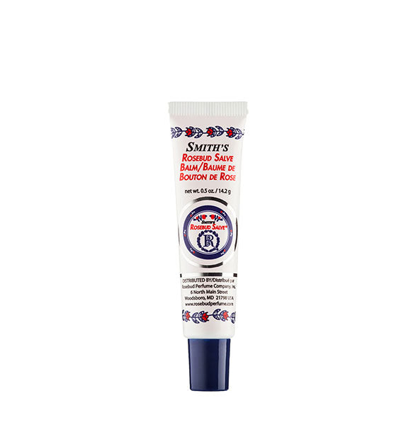 White tube of Smith's Rosebud Salve Balm with floral accents and dark blue cap