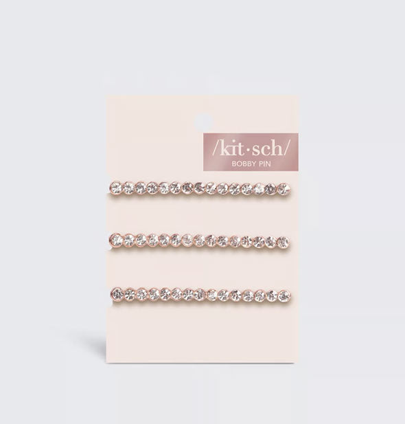 Pack of three rhinestone-covered bobby pins on light pink Kitsch product card