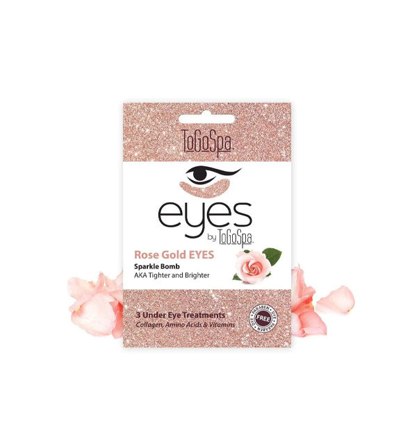 Pack of Rose Gold EYES Under Eye Treatments by ToGoSpa flanked with pink rose petals