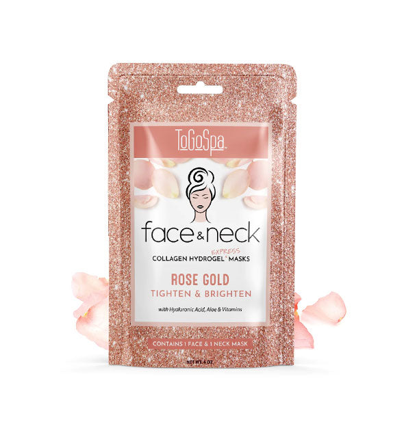 ToGoSpa Face & Neck Rose Gold Collagen Hydrogel Masks packet flanked by pink rose petals