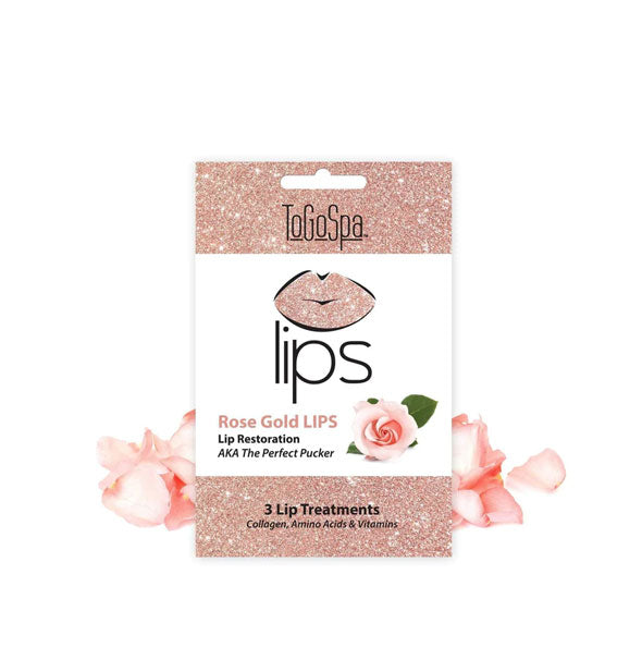 Pack of Rose Gold LIPS Lip Treatments by ToGoSpa in sparkly packaging is flanked by pink rose petals