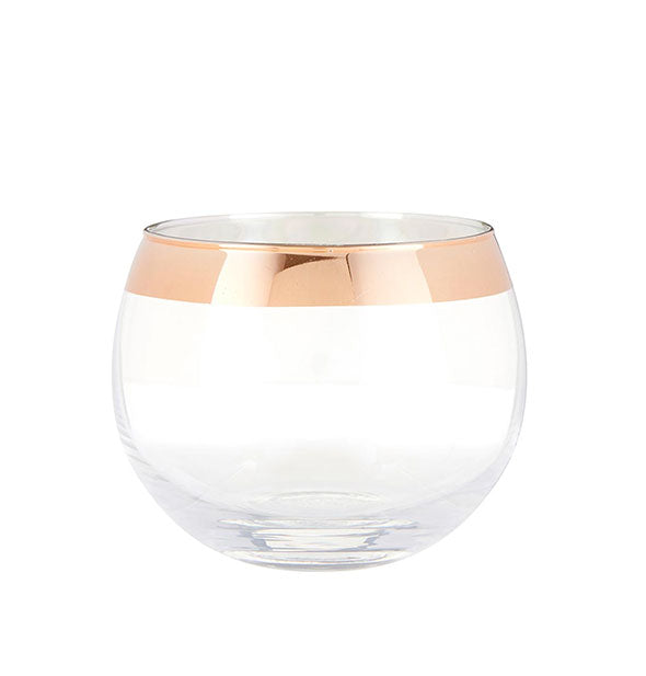 Stout, stemless bar glass with wide metallic rose gold rim