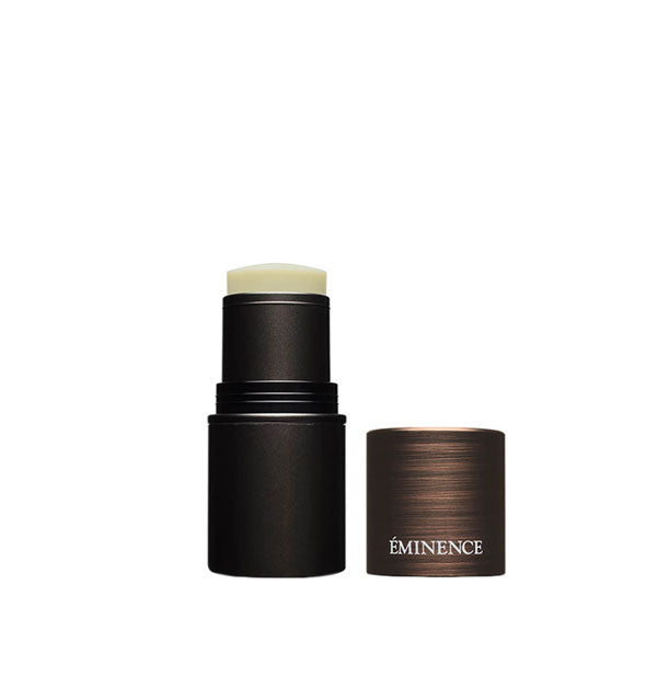 Dark brown Eminence lip balm tube with cap removed