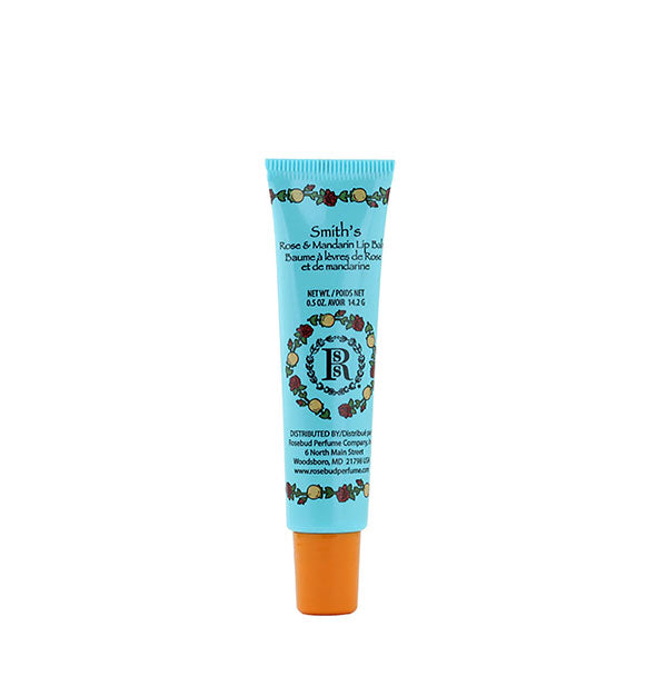 Blue tube of Smith's Rose & Mandarin Lip Balm with floral and fruit accents and orange cap