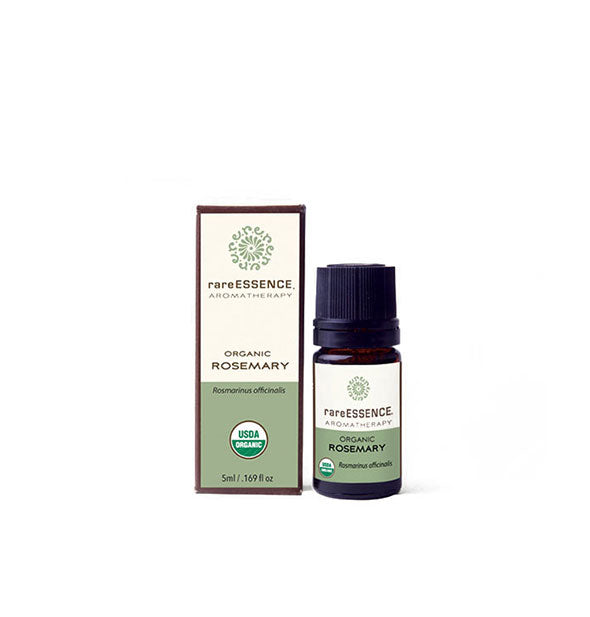 5 milliliter bottle of organic Rosemary 1essential oil by Rare Essence Aromatherapy with box