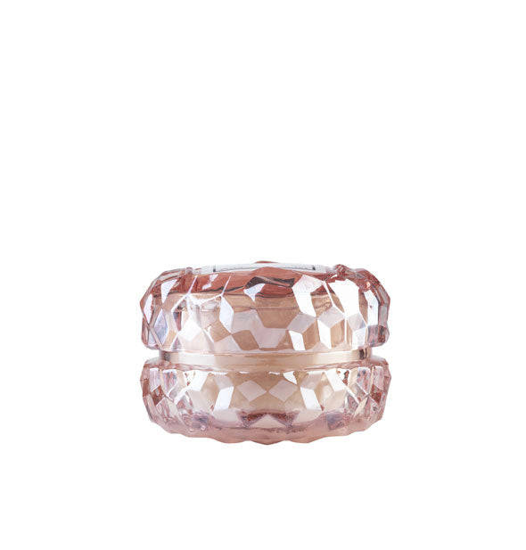 Faceted shiny pink glass macaron-style candle jar with lid