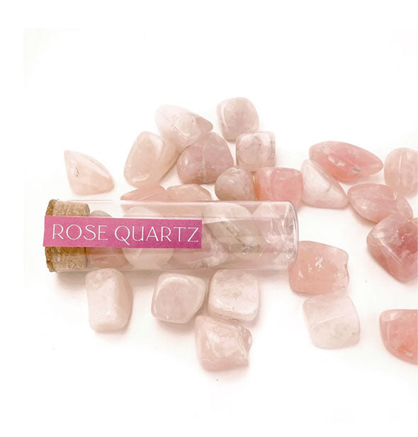 Clear vial of polished pink rose wuartz stones with cork cap and printed pink label lays among loose rose quartz stones