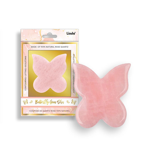 Rose quartz Butterfly Gua Sha skin tool shown with packaging