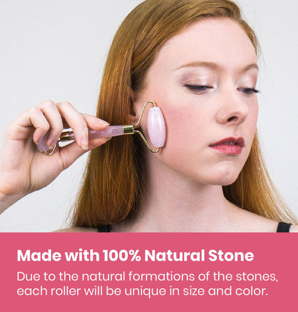 Model demonstrates use of the Rose Quartz Facial Roller above a caption reiterating the product description