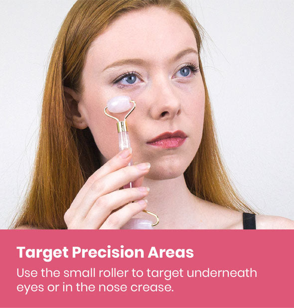 Model demonstrates use of the Rose Quartz Facial Roller above a caption reiterating the product description