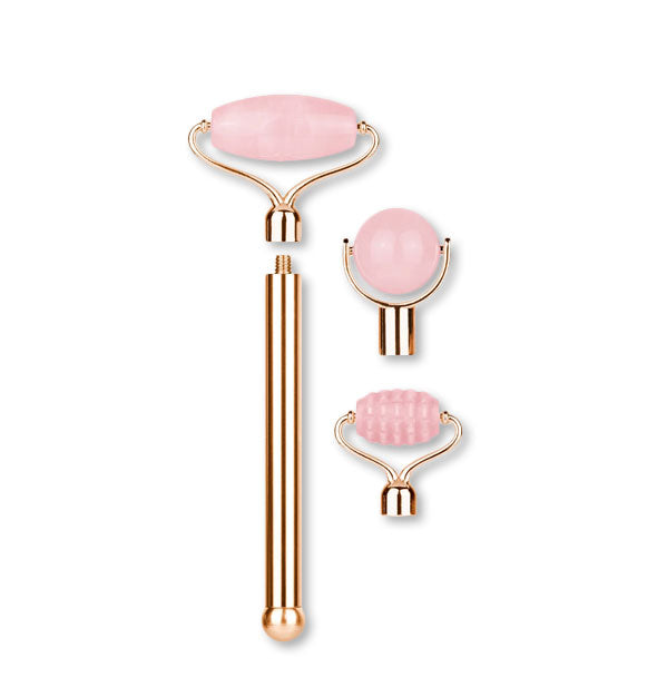 Rose quartz facial roller with gold hardware and head attachment options shown