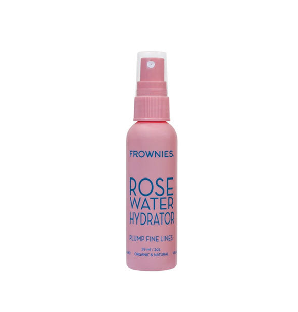 Pink 2 ounce bottle of Frownies Rose Water Hydrator with blue lettering